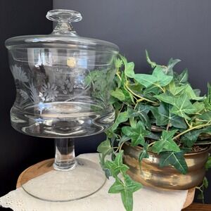 Vintage Romanian Etched Glass Pedestal Candy Dish Lid Cottagecore Apothecary Jar